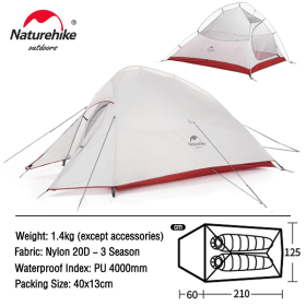 Naturehike Cloud Up 1 2 3 People Tent Ultralight (Color: 2 Person Gray)